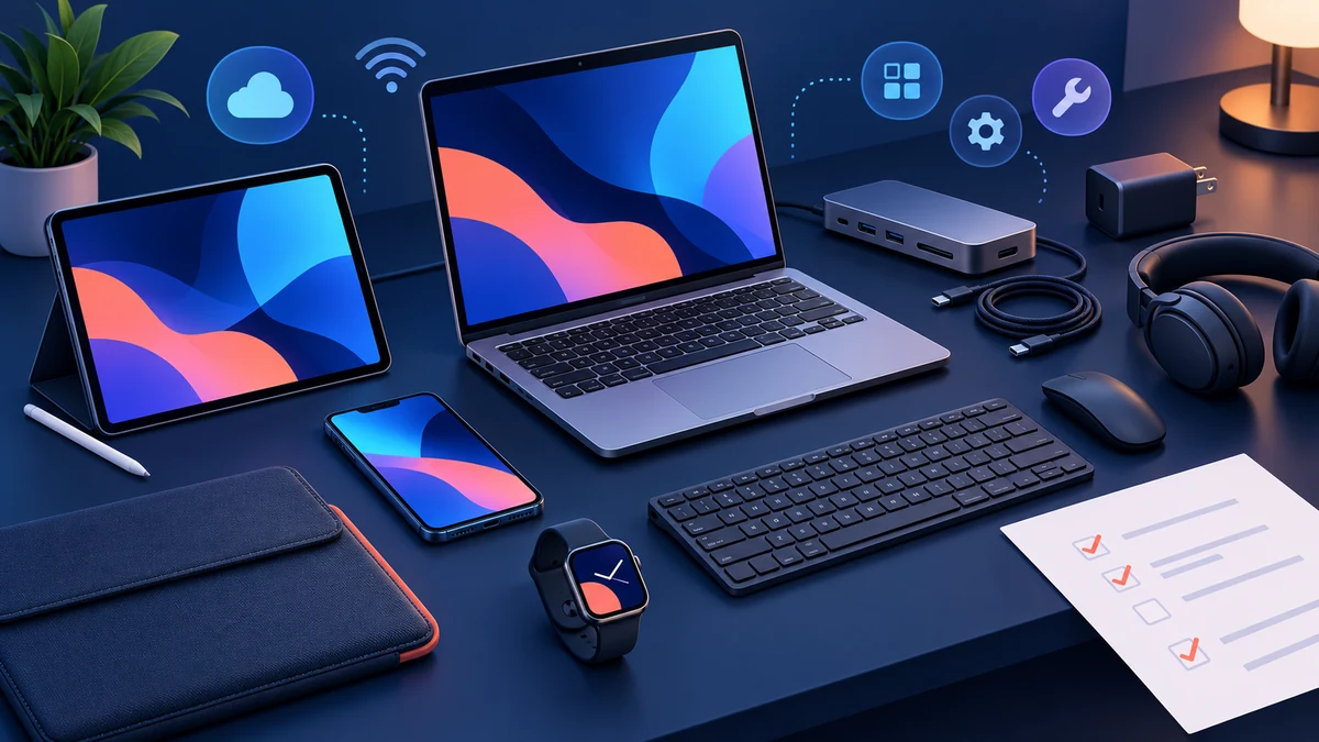 Conceptual illustration of a laptop, tablet, phone and watch with a dock, charger, keyboard, case, headphones and ownership-cost worksheet.