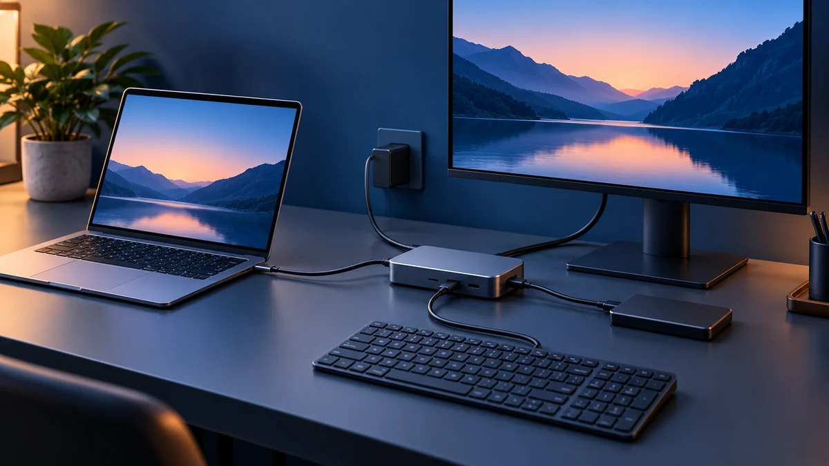 Conceptual illustration of an open laptop connected through a compact dock to a monitor, charger, external drive and keyboard.