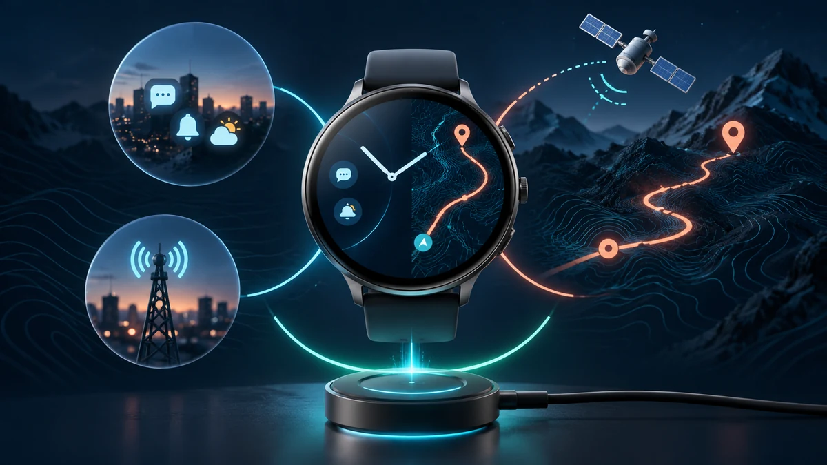 Conceptual illustration of a smartwatch linking everyday notifications, cellular service, a GPS route and a charging puck.