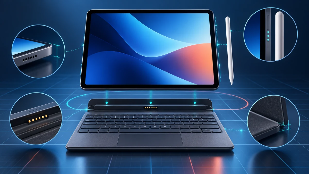 Conceptual illustration of a tablet aligned with a keyboard cover, connector pins and a stylus.
